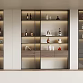 Modern Wine Cabinet With Glass Doors Layered Design Wine Bottles Glasses And Lighting