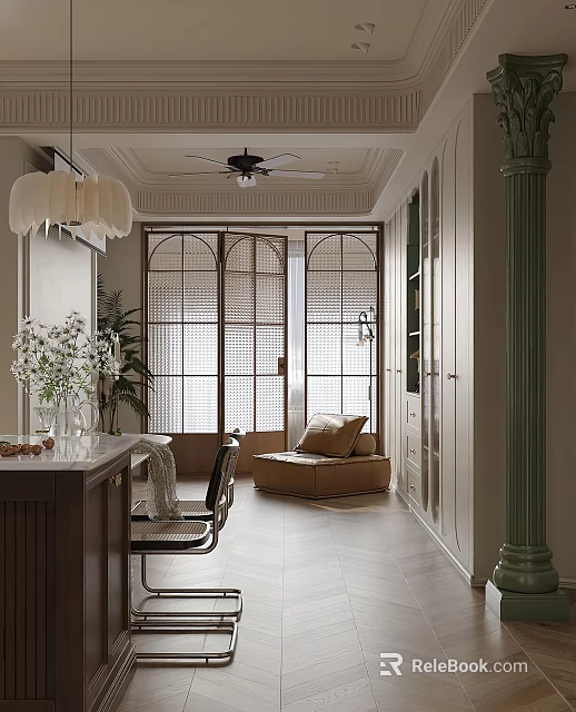 Modern Dining Living Room Interior With White Pendant Lights Large Woven Windows And Beige Sofa 3d model 