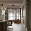 Modern Dining Living Room Interior With White Pendant Lights Large Woven Windows And Beige Sofa