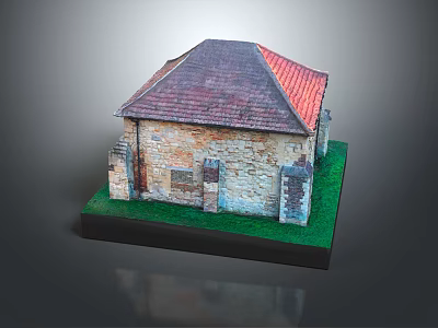 Residential Building Model With Stone Exterior Red And Dark Roof Tiles And Grass Base 3d model