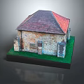 Residential Building Model With Stone Exterior Red And Dark Roof Tiles And Grass Base