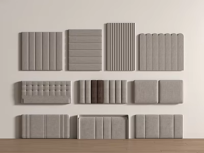 Various Gray Upholstered Wall Panels With Different Patterns Arranged On Beige Wall 3d model