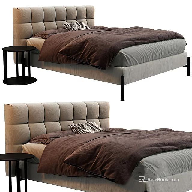 Modern Double Bed With Tufted Headboard Brown Gray Bedding And Black Nightstand 3d model