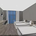 Modern Hotel Room Featuring Twin Beds Wooden Flooring Desk Wall Lighting And Large Window