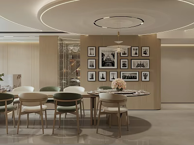 Elegant Modern Dining Room Interior With Round Table Chairs And Wall Photo Frames Pendant Light 3d model