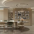 Elegant Modern Dining Room Interior With Round Table Chairs And Wall Photo Frames Pendant Light