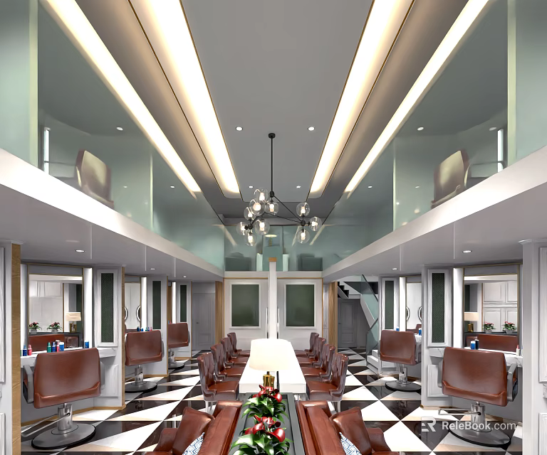 Elegant Modern Beauty Hair Salon Interior With Luxury Chairs Mirrors And Chandeliers 3d model 