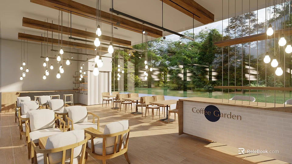 Coffee Garden Cafe Interior With Wooden Ceiling Hanging Lights And Greenery View 3d model 