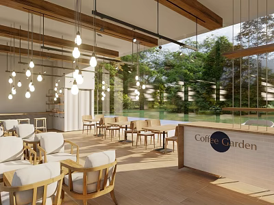Coffee Garden Cafe Interior With Wooden Ceiling Hanging Lights And Greenery View 3d model