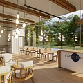 Coffee Garden Cafe Interior With Wooden Ceiling Hanging Lights And Greenery View