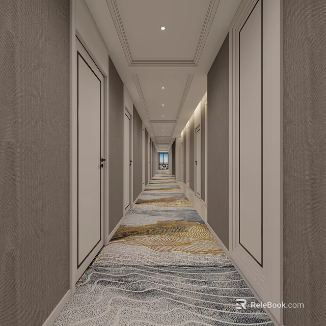 Modern Hotel Corridor Interior With Patterned Carpet And Recessed Lighting 3d model