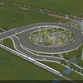 Elevated Circular Bridge with Green Spaces Trees Road Connections and Surrounding Buildings