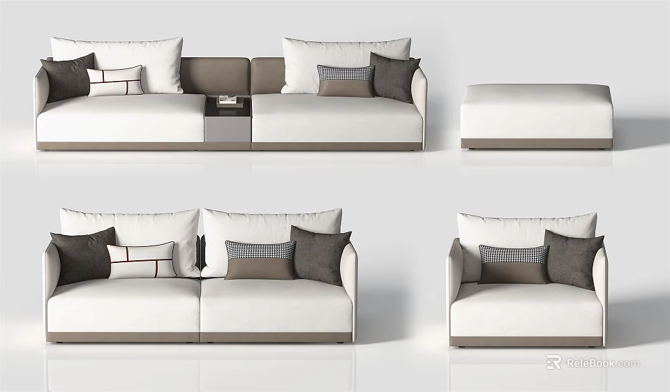 Modern Sectional Sofa Set with White Gray Upholstery and Decorative Pillows 3d model
