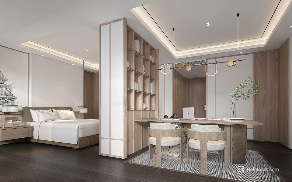 Hotel Guest Room Modern Interior With Wooden Bookshelf Bed Table Chairs Hanging Lights And Greenery 3d model 