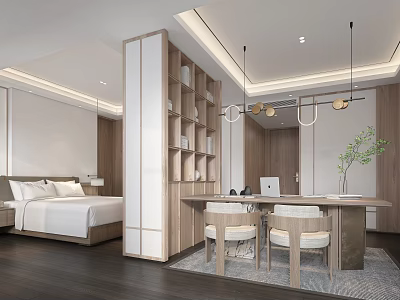 Hotel Guest Room Modern Interior With Wooden Bookshelf Bed Table Chairs Hanging Lights And Greenery 3d model