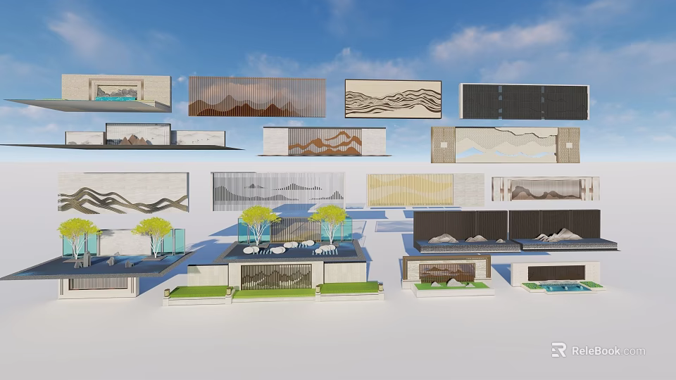 Various Scenic Wall Designs With Mountain Patterns And Diverse Textures 3d model 