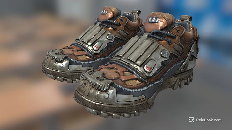Outdoor Shoes With Brown And Gray Color Metal Accents Thick Sole And Zipper Details 3d model 