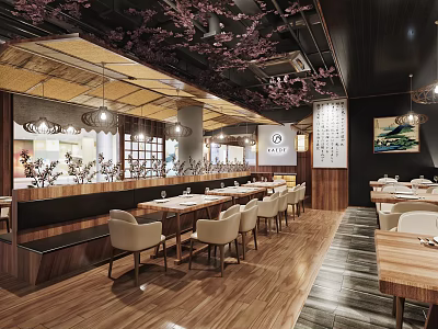 Cozy Japanese Restaurant Interior With Cherry Blossom Decor Wooden Flooring And Dining Tables Chairs 3d model