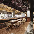 Cozy Japanese Restaurant Interior With Cherry Blossom Decor Wooden Flooring And Dining Tables Chairs