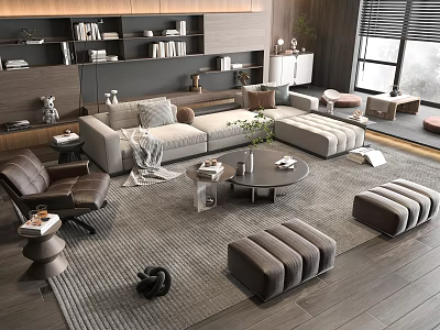 Modern Sofa And Round Coffee Table Set With Leather Armchair Ottomans Area Rug And Plant 3d model