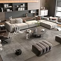 Modern Sofa And Round Coffee Table Set With Leather Armchair Ottomans Area Rug And Plant