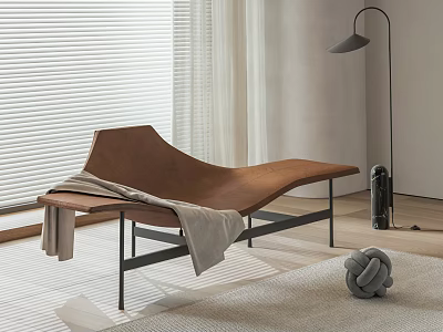 Modern Brown Leather Chaise Lounge With Metal Frame Throw Blanket And Floor Lamp By Blinds 3d model