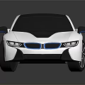 White sports car with sleek aerodynamic body black roof blue front accents on reflective surface