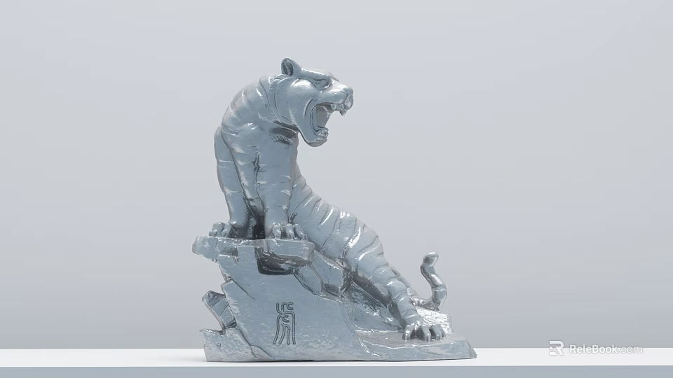 Silver Standing Roaring Tiger Sculpture with Rocky Base and Intricate Carvings 3d model 