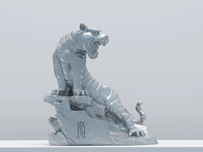 Silver Standing Roaring Tiger Sculpture with Rocky Base and Intricate Carvings 3d model