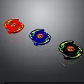 Colorful Spinners With Red Blue Black Bodies And Yellow Decorative Patterns