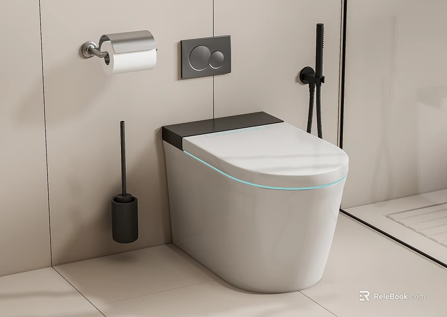 Modern Smart White Toilet With Lighted Seat Control Panel Toilet Paper Holder And Brush 3d model 