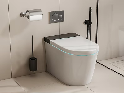 Modern Smart White Toilet With Lighted Seat Control Panel Toilet Paper Holder And Brush 3d model