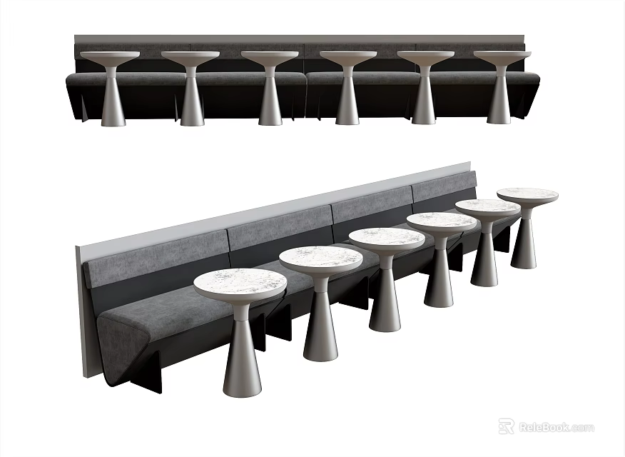 Public Chairs Long Upholstered Bench With Round Metal Stools In Modern Setup 3d model
