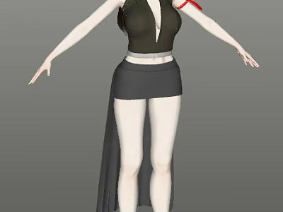 Woman In Black Top Gray Shorts With Red Arm Accessory And Black Long Skirt 3d model