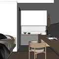 Minimalist Hotel Room Interior with Comfortable Bed Wooden Vanity Bath Area Mirror and Chair