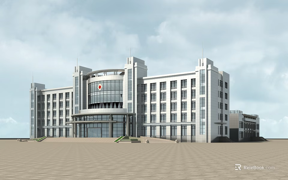 Modern Multi story Office Building Exterior With Glass Curtain Wall And Front Plaza Area 3d model 