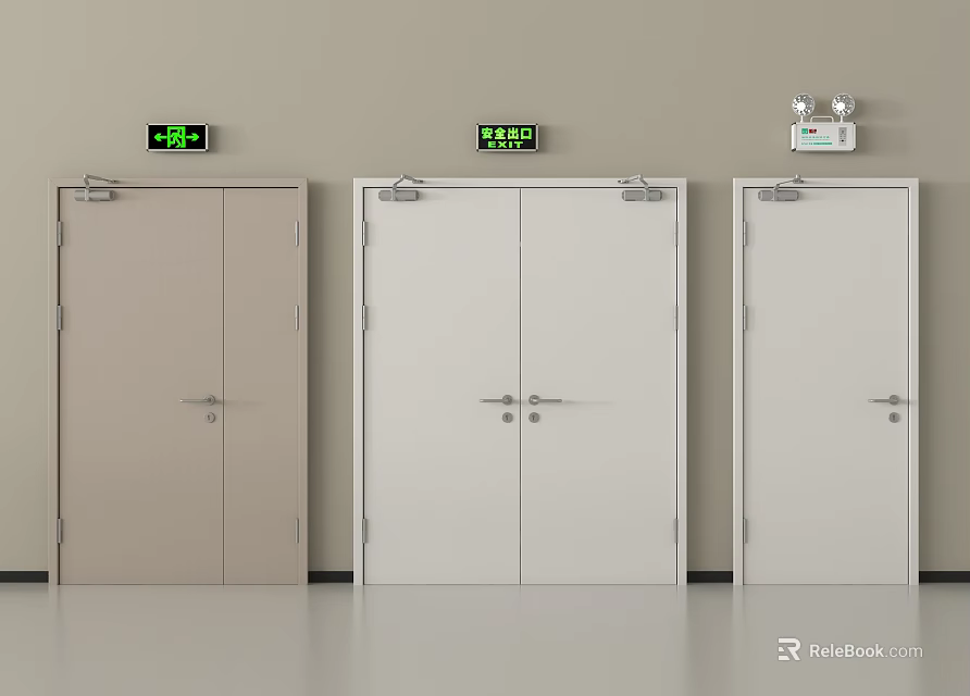 Different Colored Exit Doors With Green Exit Signs On Interior Wall 3d model 