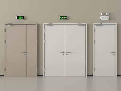 Different Colored Exit Doors With Green Exit Signs On Interior Wall 3d model