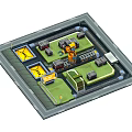 Cartoon Style Factory Scene Layout With Robot Arm Green Areas And Yellow Markers