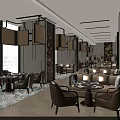Modern Restaurant Interior With Comfortable Seating Large Windows Pendant Lights And Decorative Panels 3d model