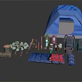 Blue Camping Tent Setup With Firewood Cups Water Bottle Backpacks And Sleeping Bag