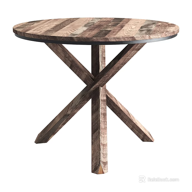 Rustic Round Wooden Dining Table With Cross Legs And Natural Wood Grain 3d model 