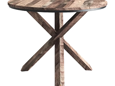 Rustic Round Wooden Dining Table With Cross Legs And Natural Wood Grain 3d model