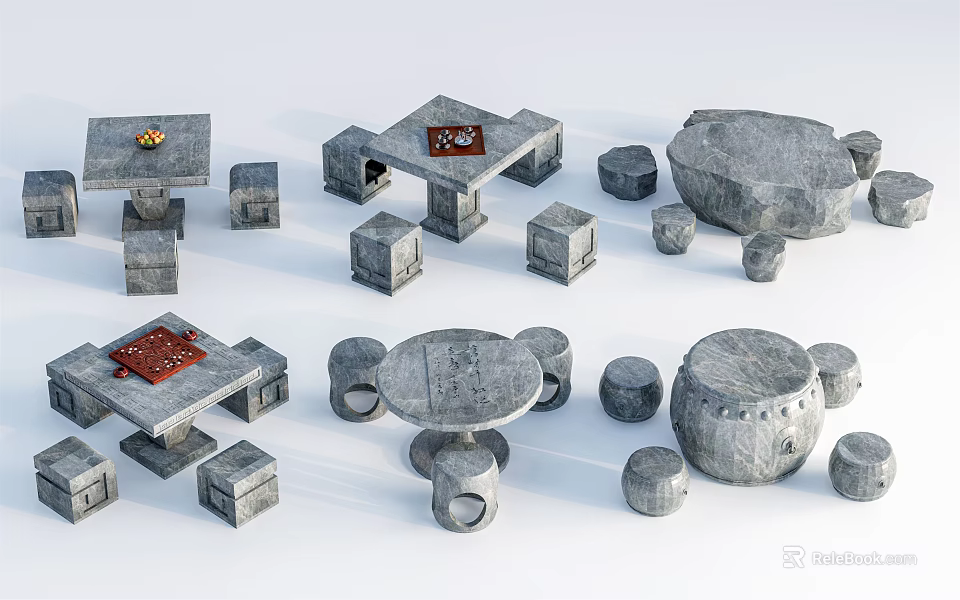 Stone Table And Chair Sets With Various Shapes For Modern Home Decor 3d model