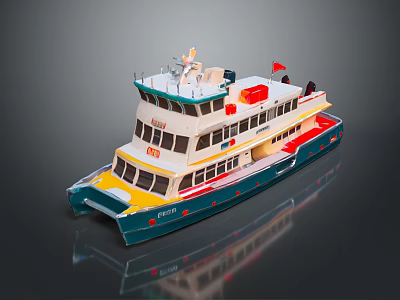Detailed Two Deck Model Ship With White Upper Deck Yellow Blue Hull And Red Flag 3d model
