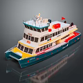 Detailed Two Deck Model Ship With White Upper Deck Yellow Blue Hull And Red Flag