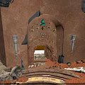 Traditional Adobe Interior With Arched Doorway Hanging Bells And Conical Decorations