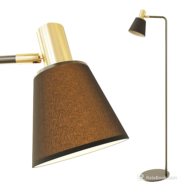 Modern Floor Lamp With Brown Fabric Shade And Gold Adjustable Metal Arm Design 3d model 