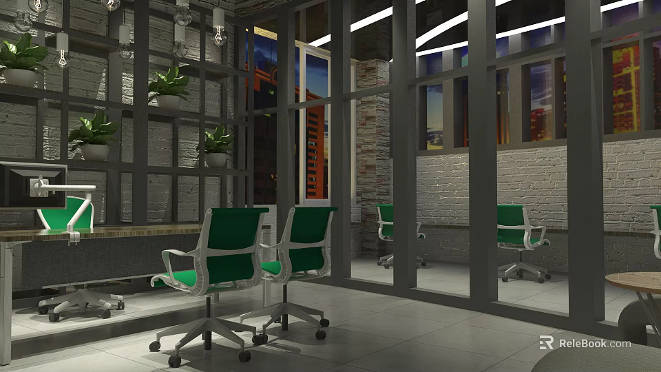 Industrial Style Modern Office Interior With Glass Partitions Green Chairs Plants And City Night View 3d model 
