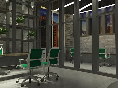 Industrial Style Modern Office Interior With Glass Partitions Green Chairs Plants And City Night View 3d model